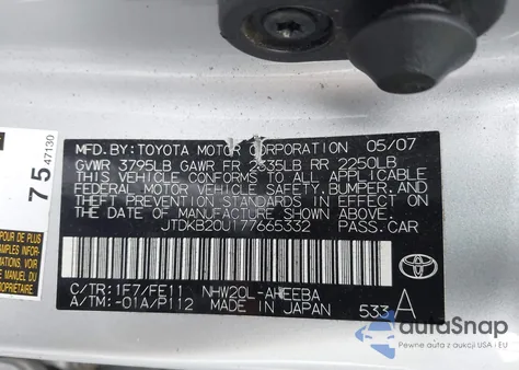 2007 Toyota Prius z USA, uszkodzony, nr VIN JTDKB20U177665332